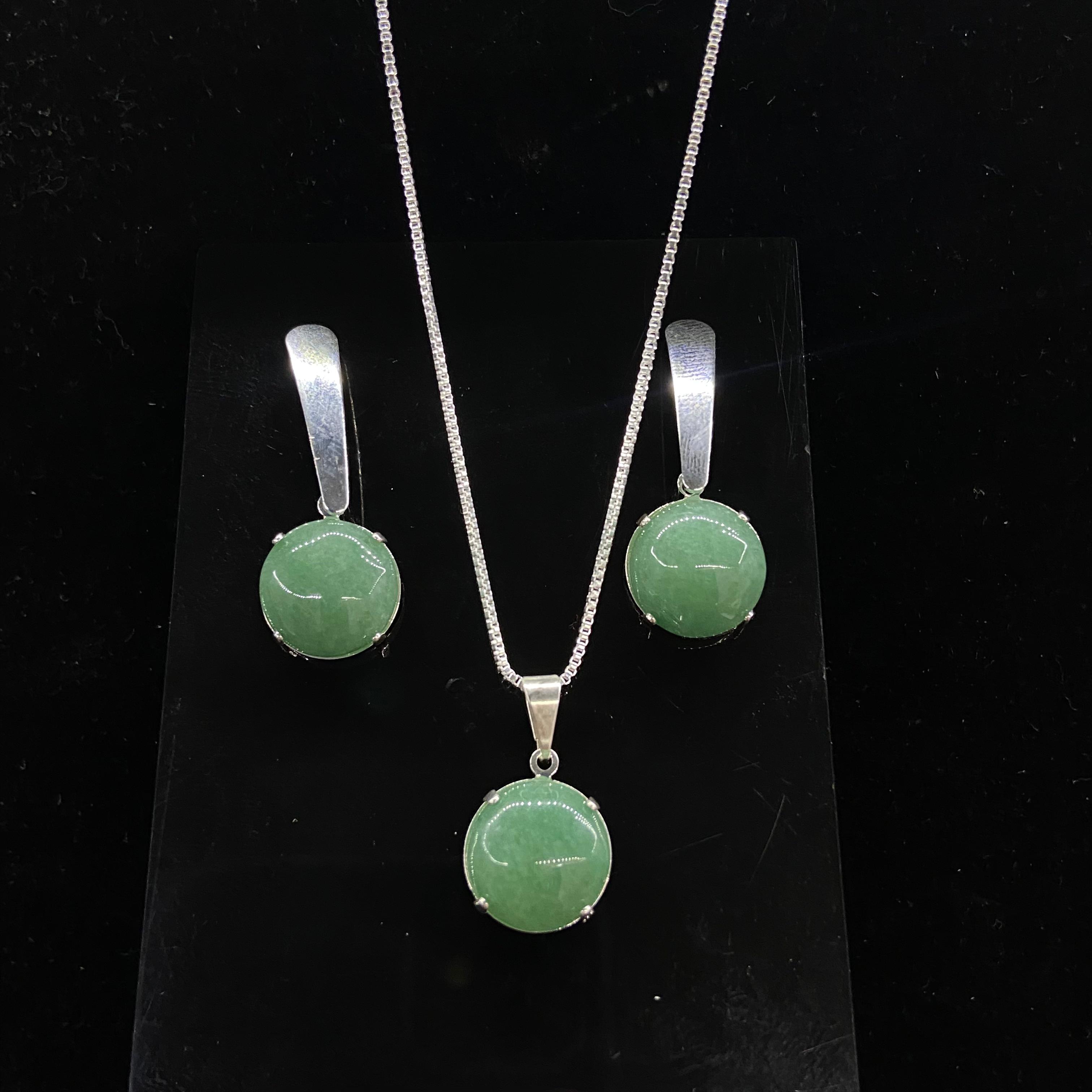 Conjunto Brinco e Colar Cabochão Redondo Prateado - 10mm