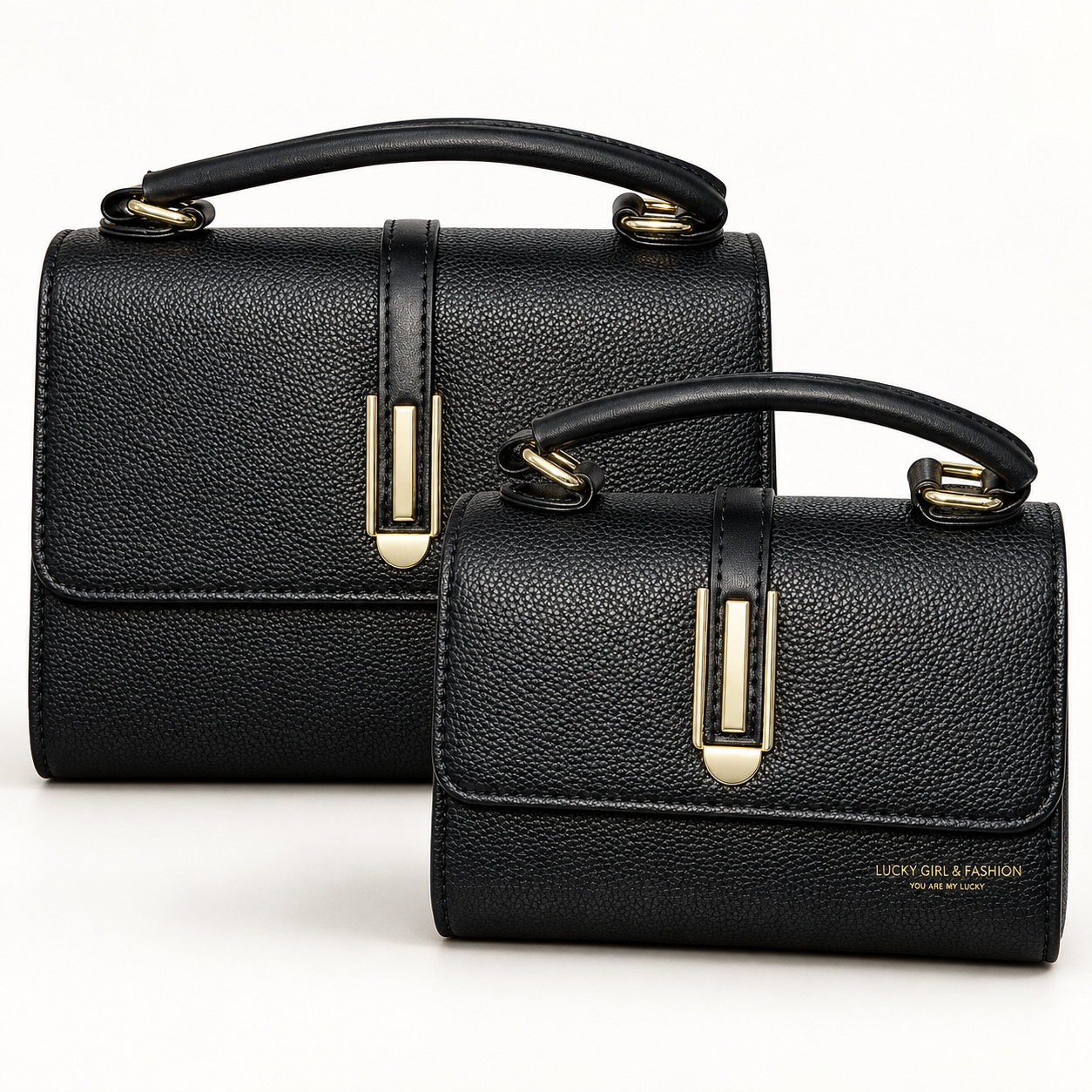Kit 2 Bolsas Femininas Lucky Girl Pretas com Fecho Vertical Dourado