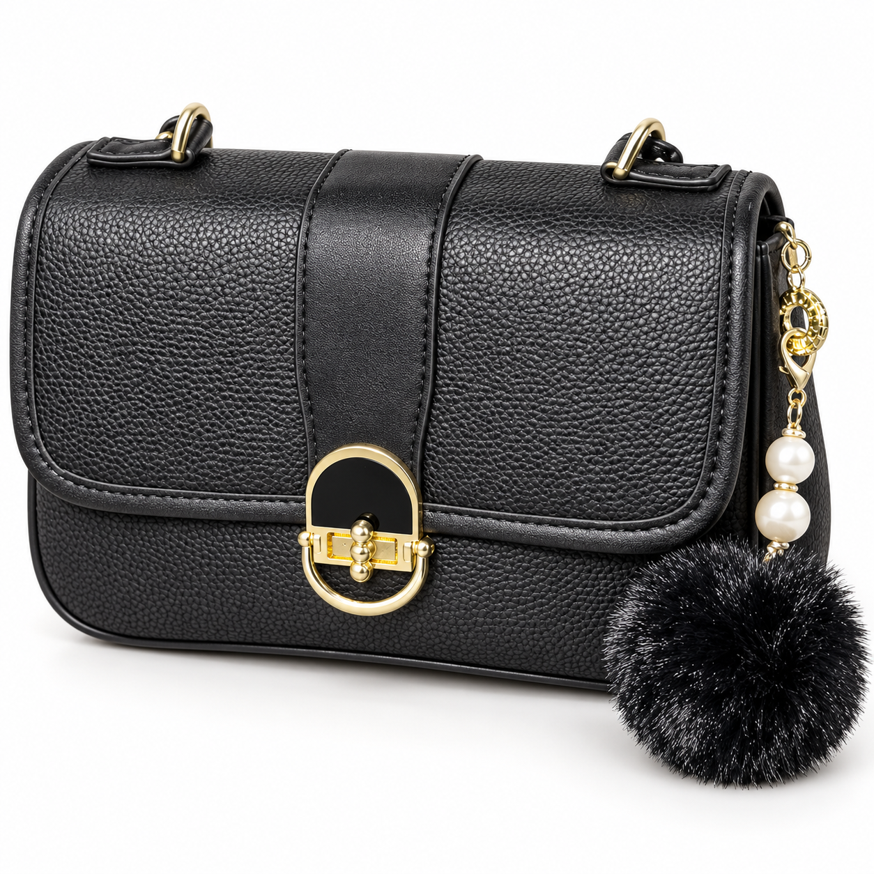 Bolsa Feminina Lucky Girl Preta com Pompom e Fecho Oval
