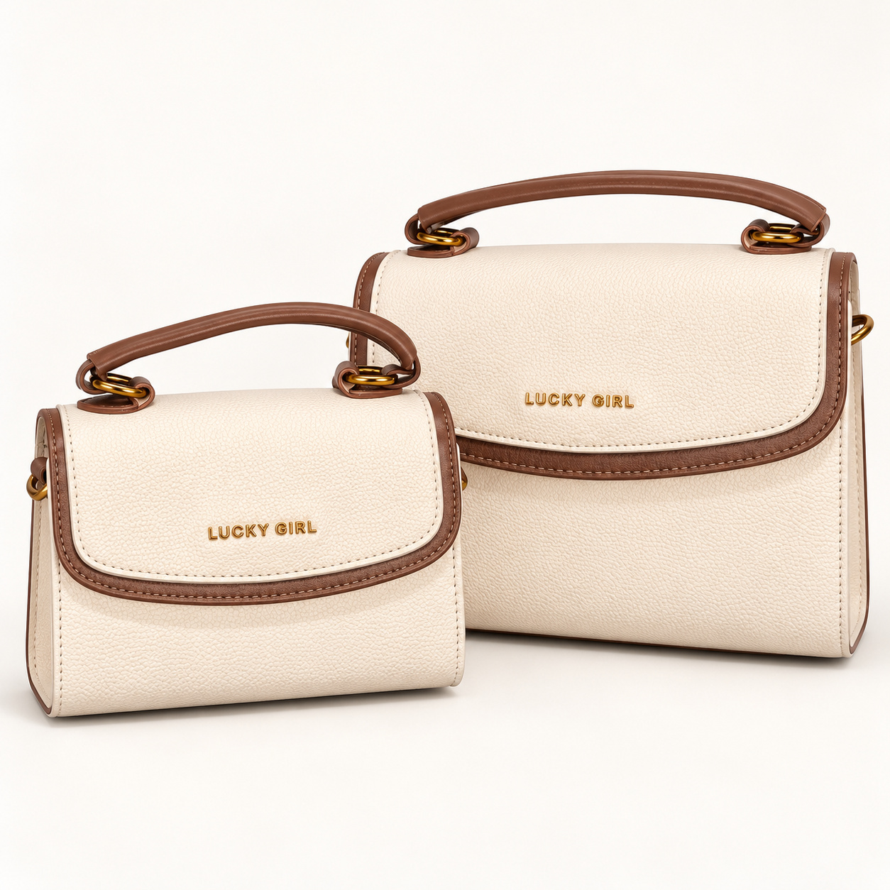Kit 2 Bolsas Femininas Lucky Girl Off-White com Acabamento Marrom