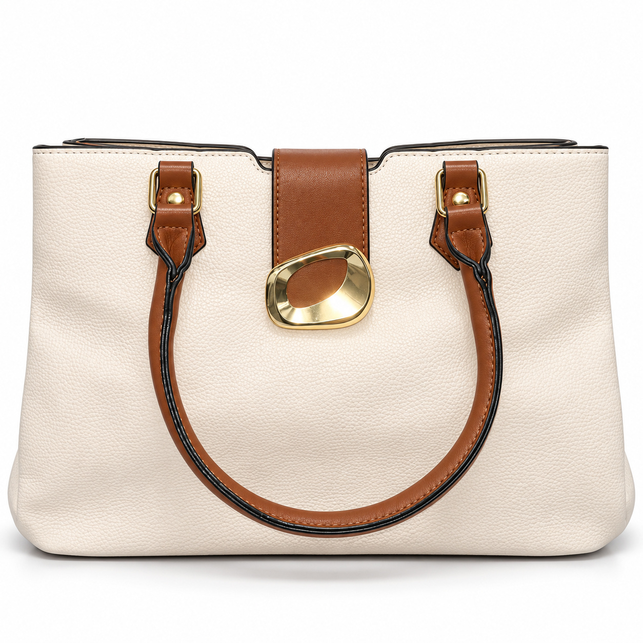 Bolsa Feminina Lucky Girl Off-White com Alças Caramelo e Fivela Dourada