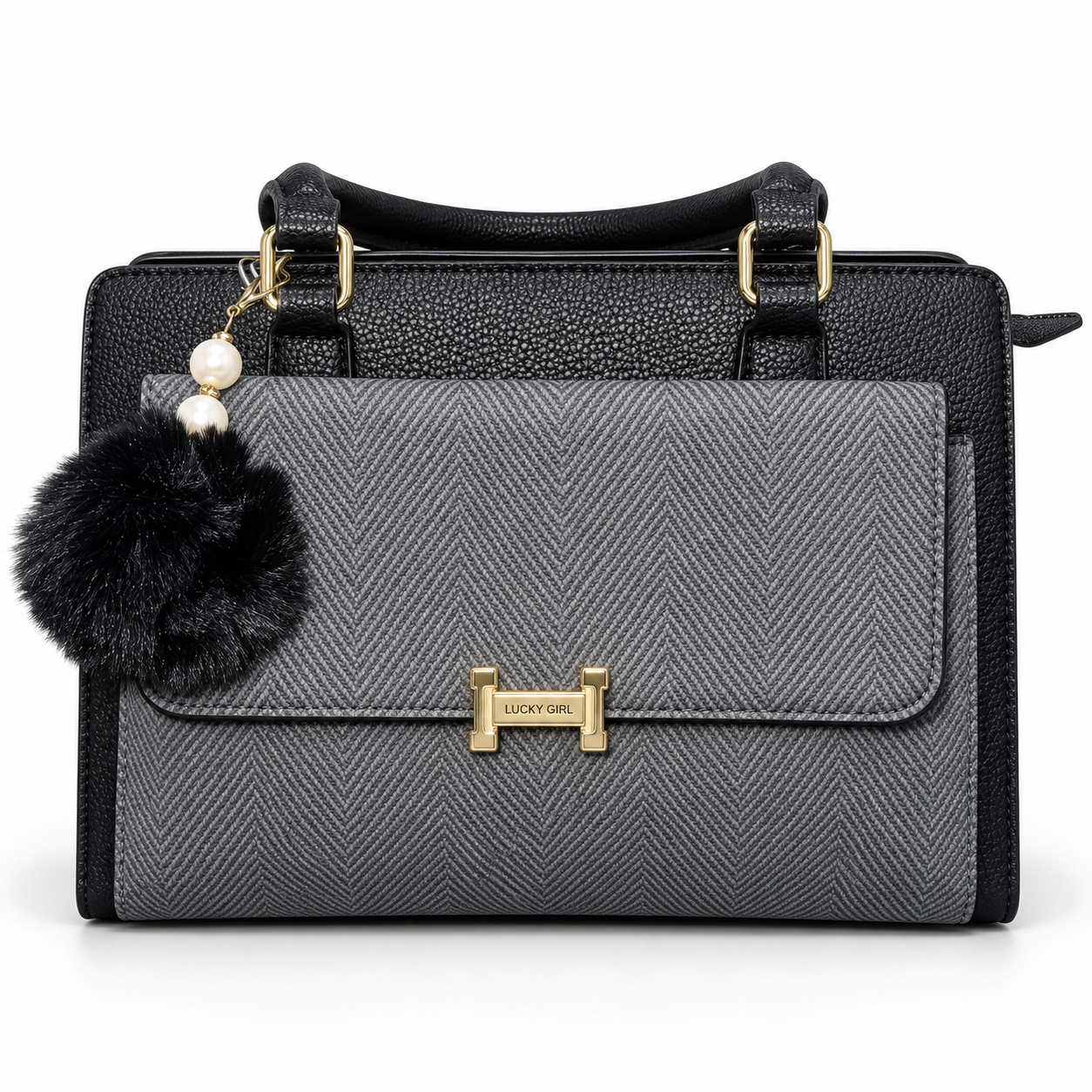 Bolsa Feminina Lucky Girl Cinza e Preta com Pompom e Detalhe Dourado