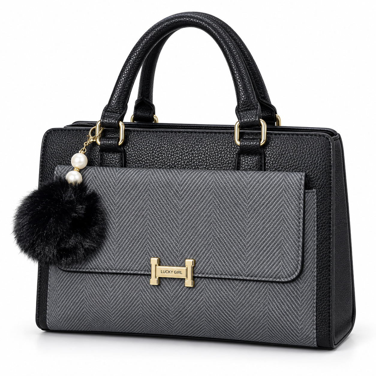 Bolsa Feminina Lucky Girl Cinza e Preta com Pompom e Detalhe Dourado