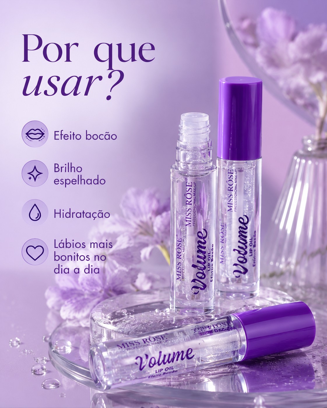 Lip Oil Miss Rôse Volume Efeito Bocão Brilho Espelhado