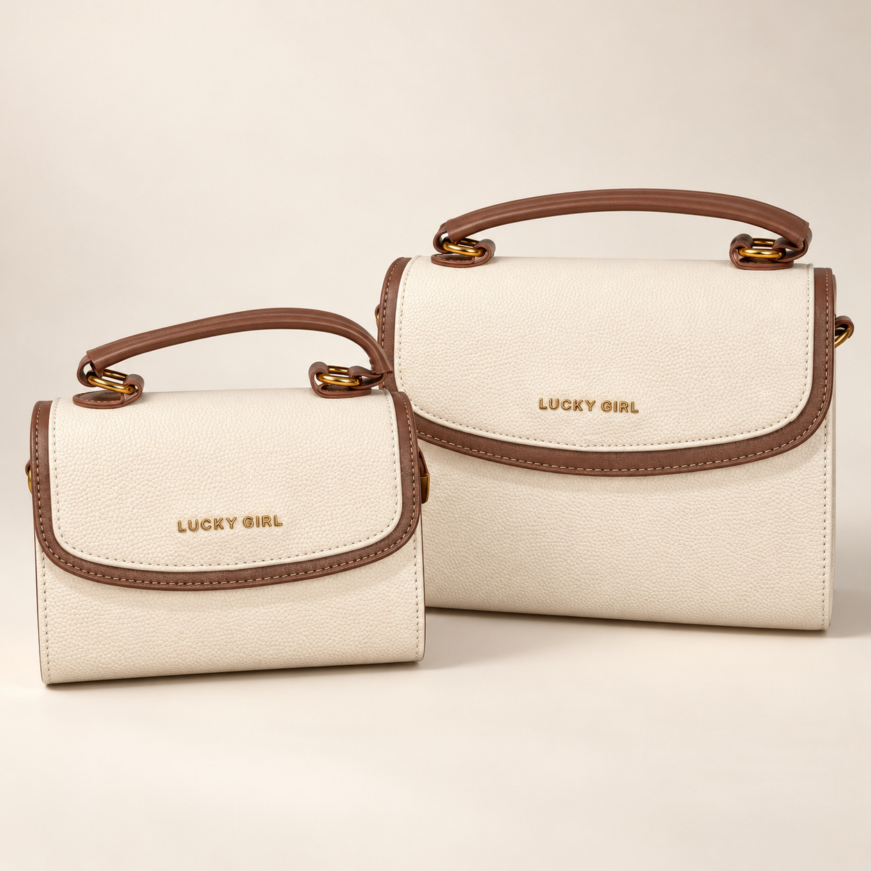 Kit 2 Bolsas Femininas Lucky Girl Off-White com Acabamento Marrom