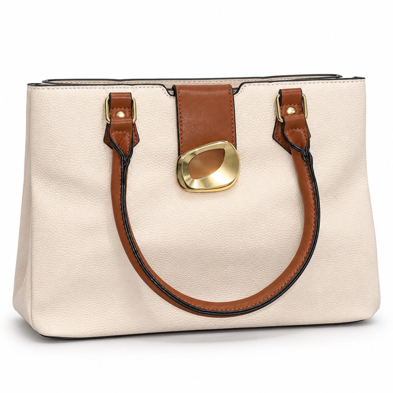Bolsa Feminina Lucky Girl Off-White com Alças Caramelo e Fivela Dourada