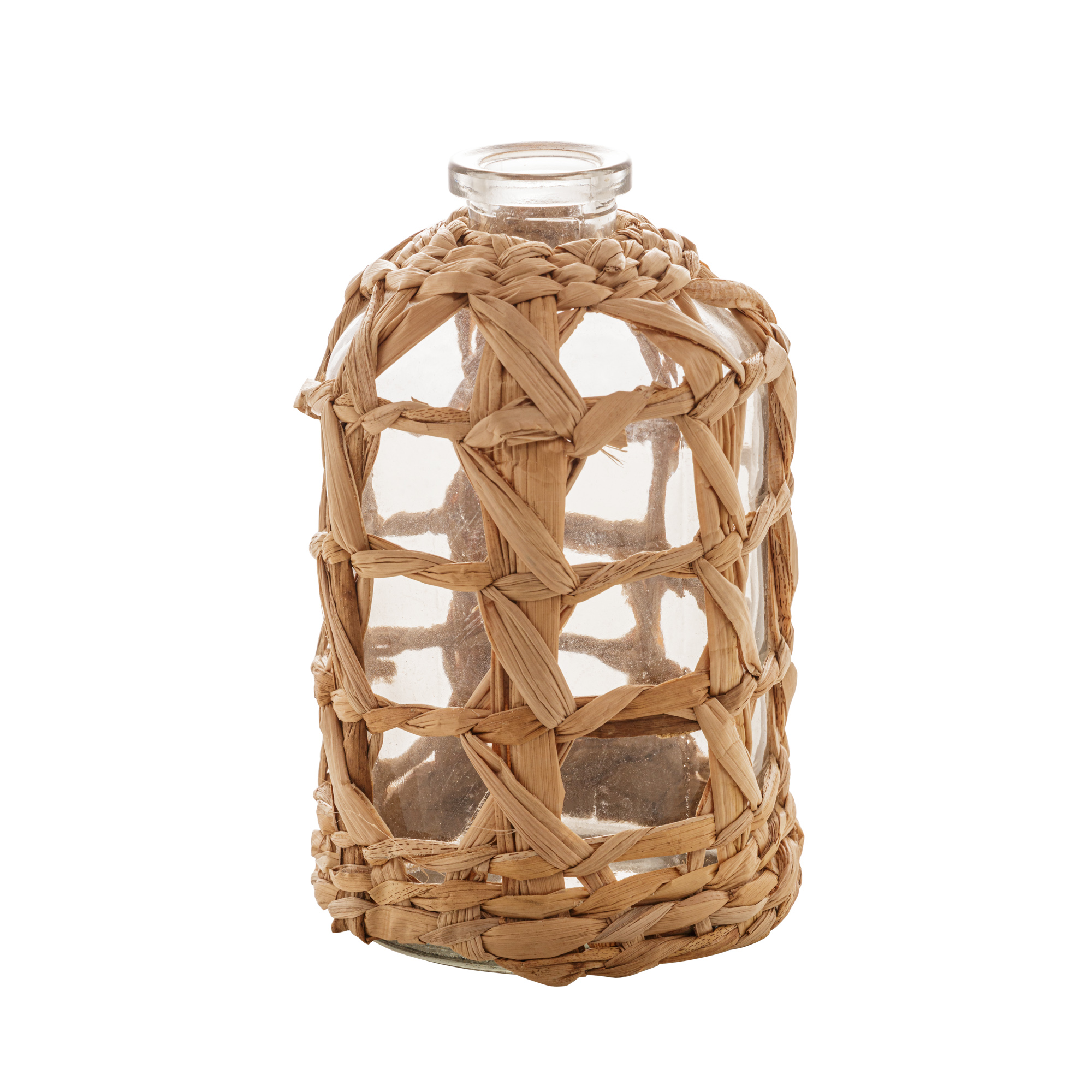 VASO DE VIDRO E FIBRA NATURAL GARRAFA 15cm