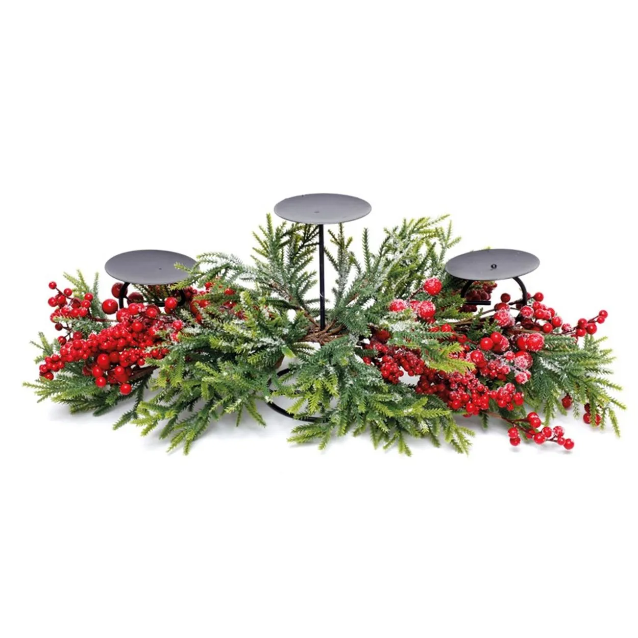 PORTA 3 VELAS COM FOLHAS E FRUTAS VERMELHO E VERDE