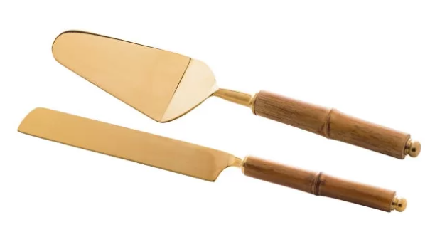 JOGO ESPÁTULA E FACA P/ BOLO DOURADO CABO BAMBU