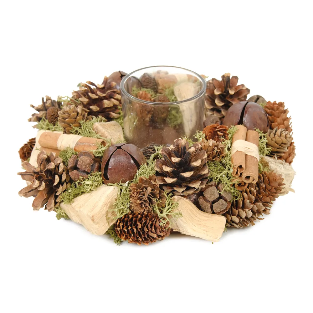 PORTA VELAS C/FOLHAS E PINHAS VERDE E MARROM