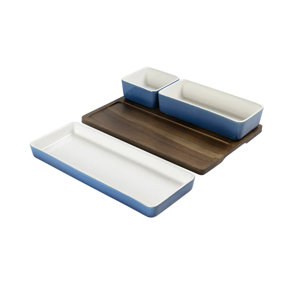 PETISQUEIRA 3 BOWLS CERÂMICA AZUL + BANDEJA MADEIRA