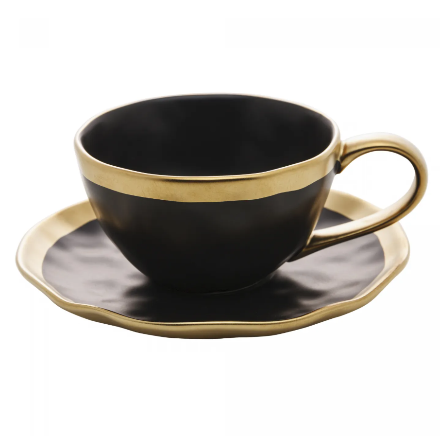 XÍCARA DE CHÁ PORCELANA PRETO E DOURADO DUBAI