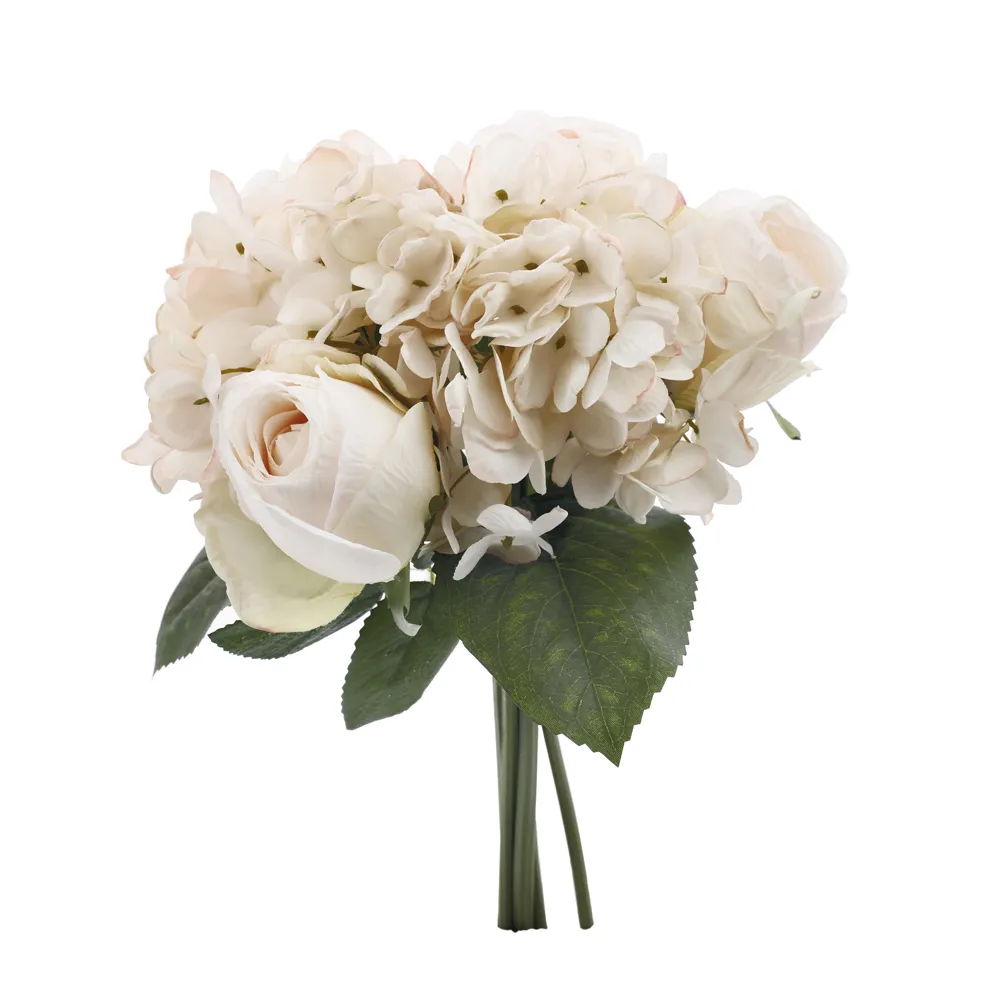 RAMALHETE ROSAS E HORTÊNSIAS BRANCO 30CM