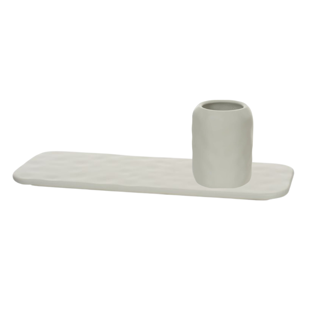 JOGO VASO E BANDEJA OFF WHITE EM CIMENTO ORGÂNICO