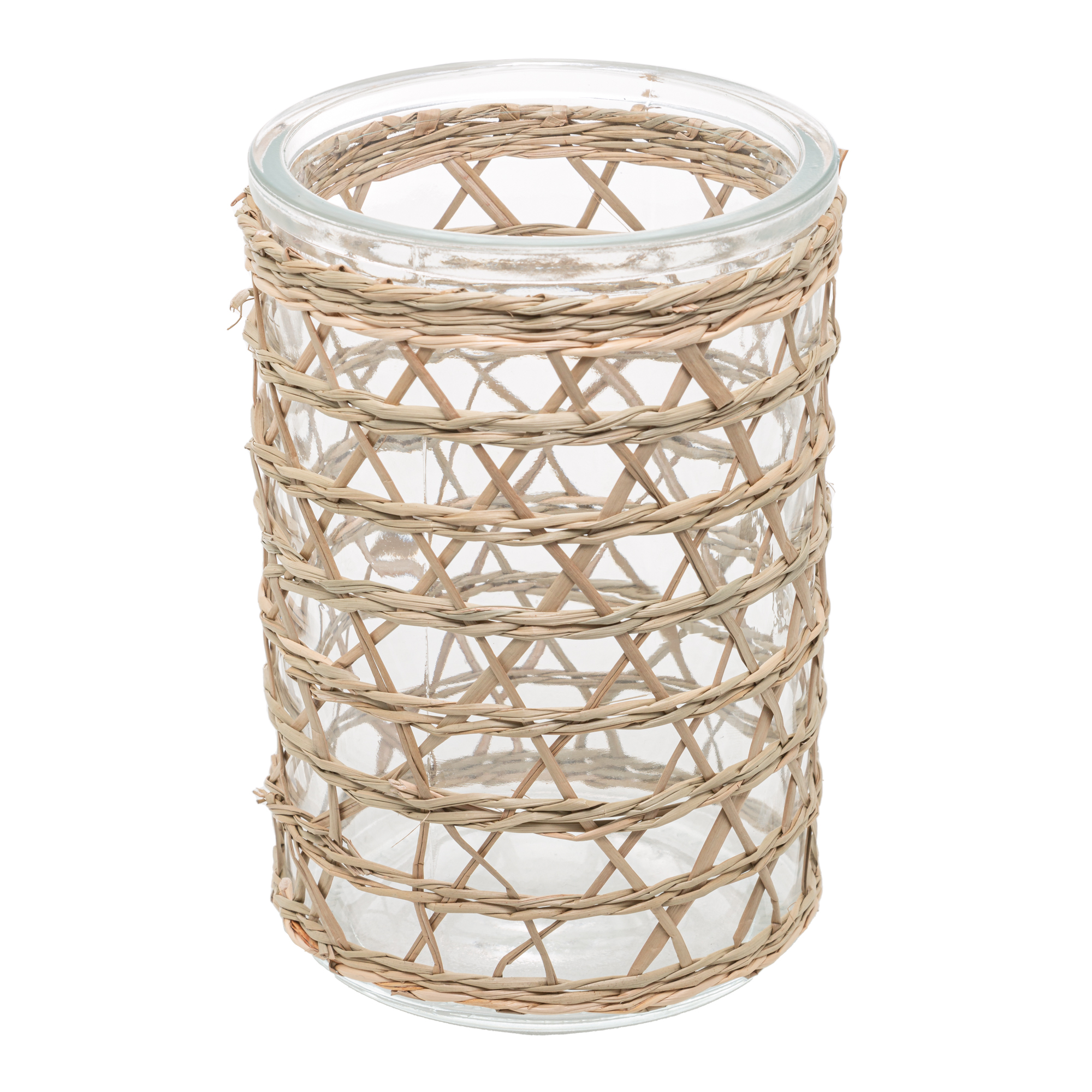 VASO DE VIDRO E FIBRA NATURAL REDONDO