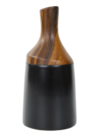 VASO PRETO E MADEIRA GARRAFA