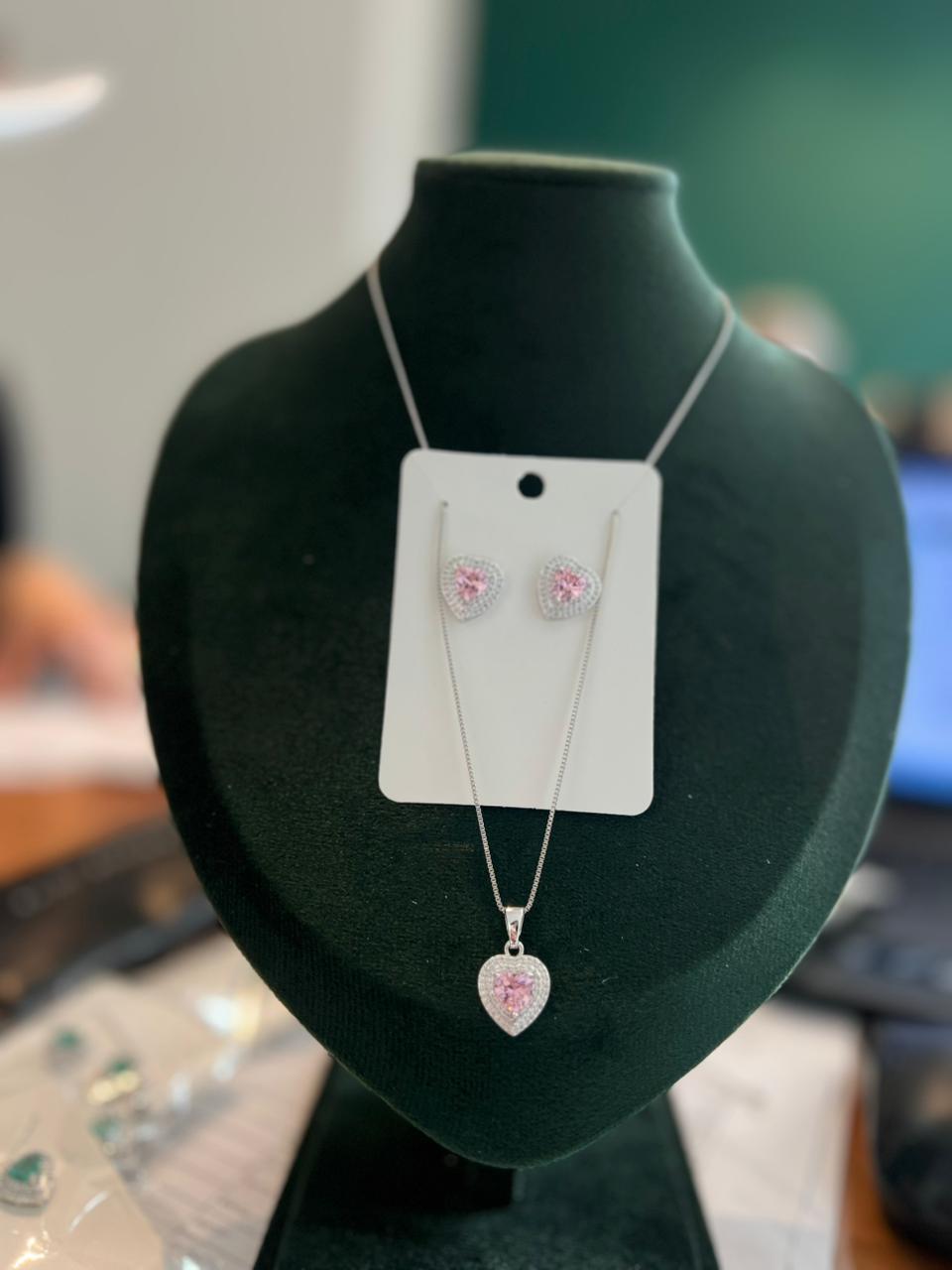 Conjunto prata coração cravejado rosa prata