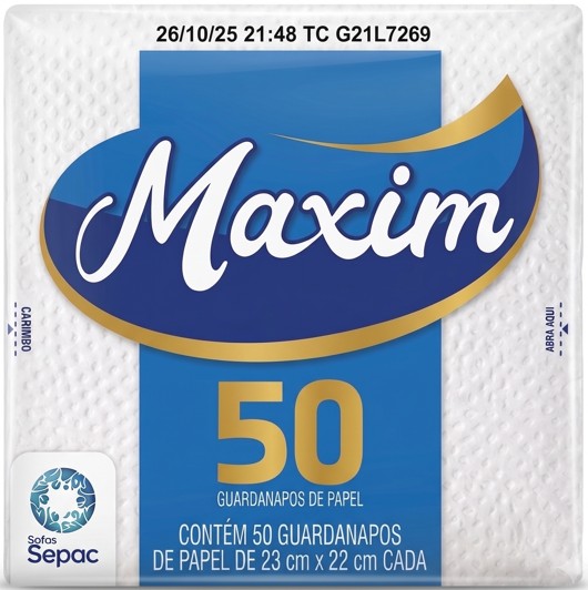 GUARDANAPO MAXIM FOLHA SIMPLES 23X22CM / 50 FOLHAS