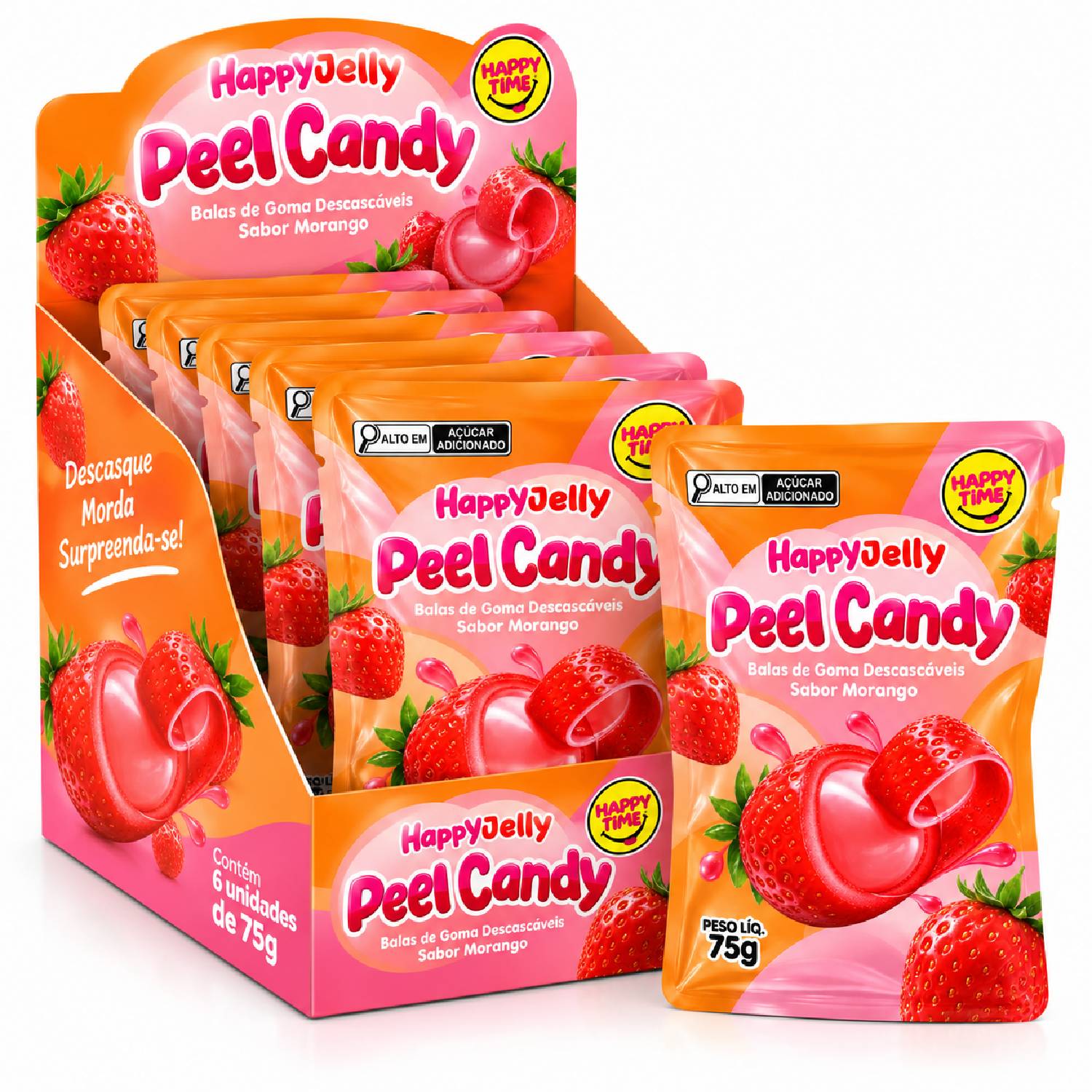 Kit 6 Bala Peel Candy Morango 75g (Bala Descascável Morango)