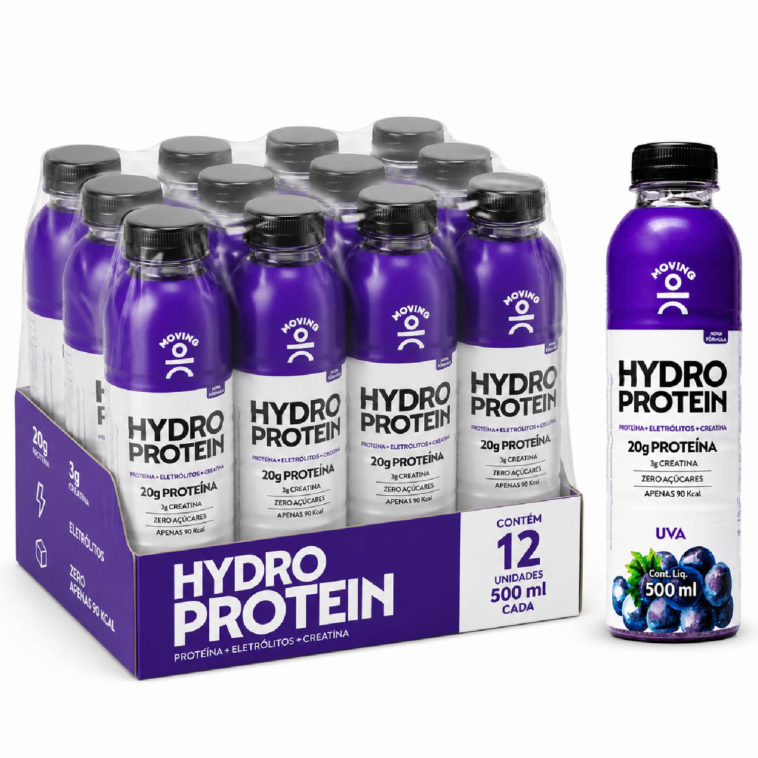 Kit 12 Bebida MOVING Hydro Protein 20g Uva Zero 500ml