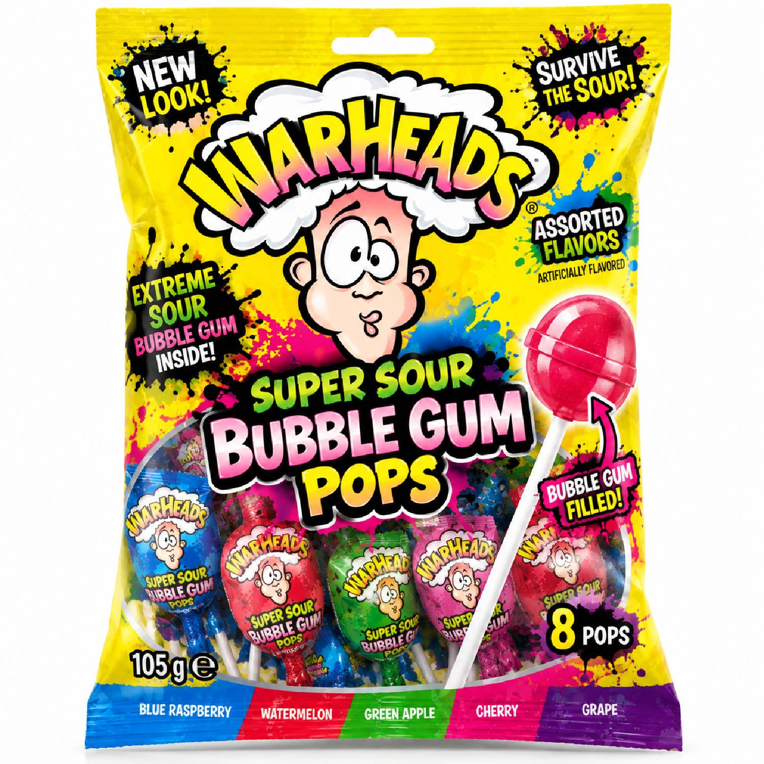 Warheads Super Sour Bubble Gum Pops Mix Original 105g