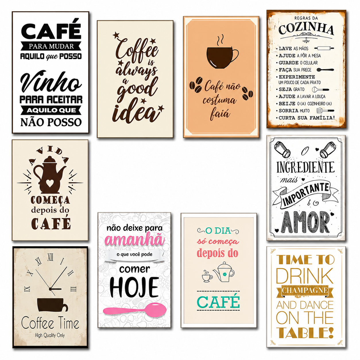Kit Com 10 Quadros Placa MDF Decoração Cozinha Copa Café