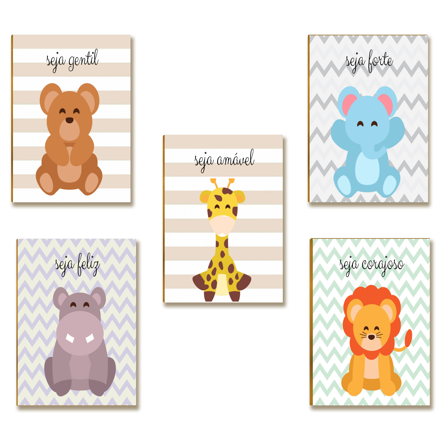 Kit 5 Placas MDF Infantil Bichinhos Gentil Forte Feliz A4