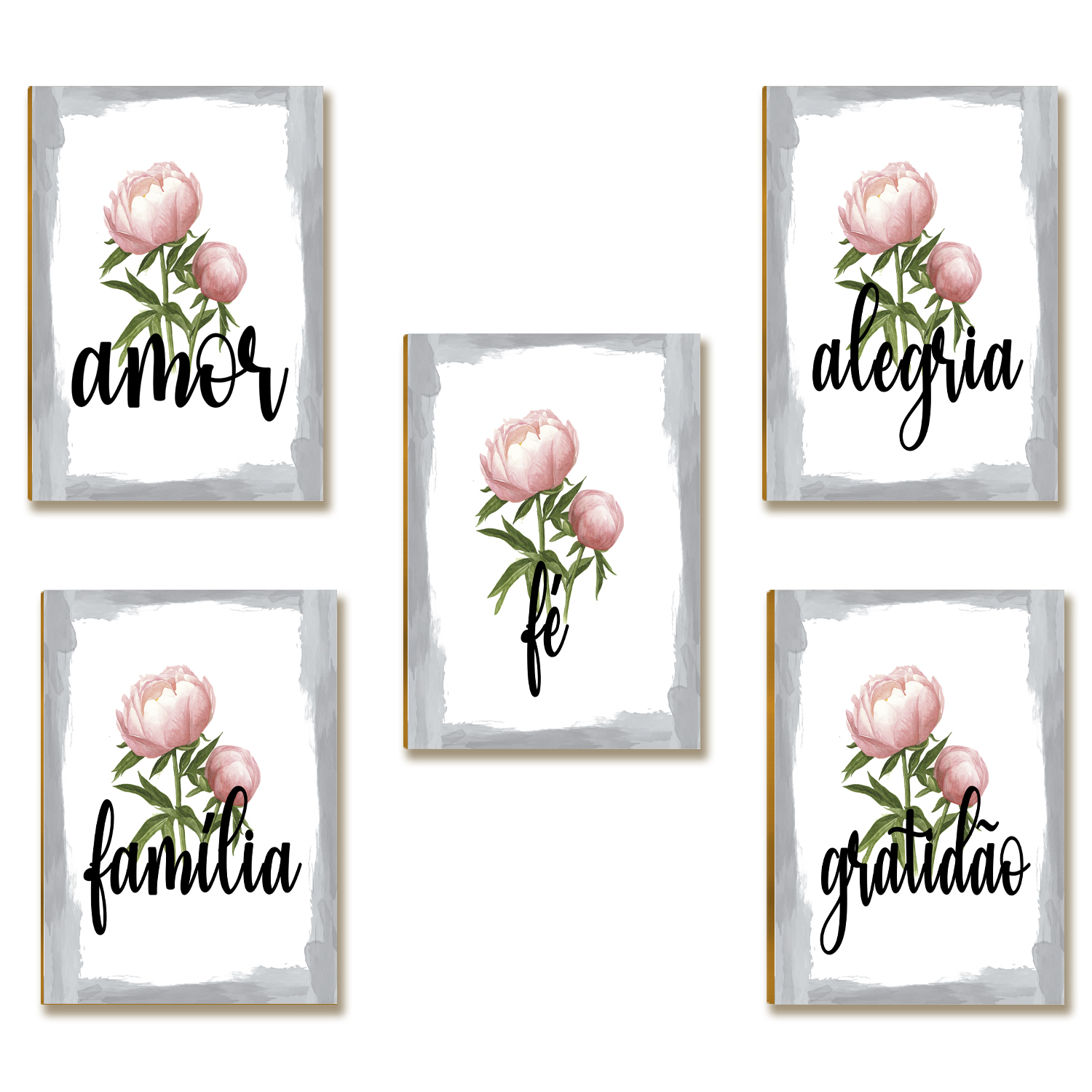 Kit 5 Placas MDF Floral Rosé Amor Alegria Fé Família A4