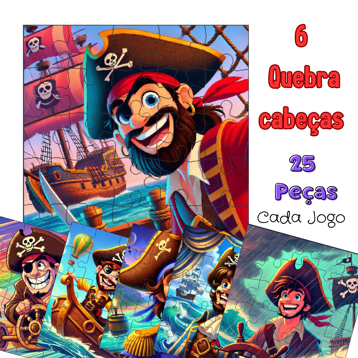 Kit 6 Jogos Quebra Cabeca Infantil  25 pecas desenho animado Desenho:Piratas