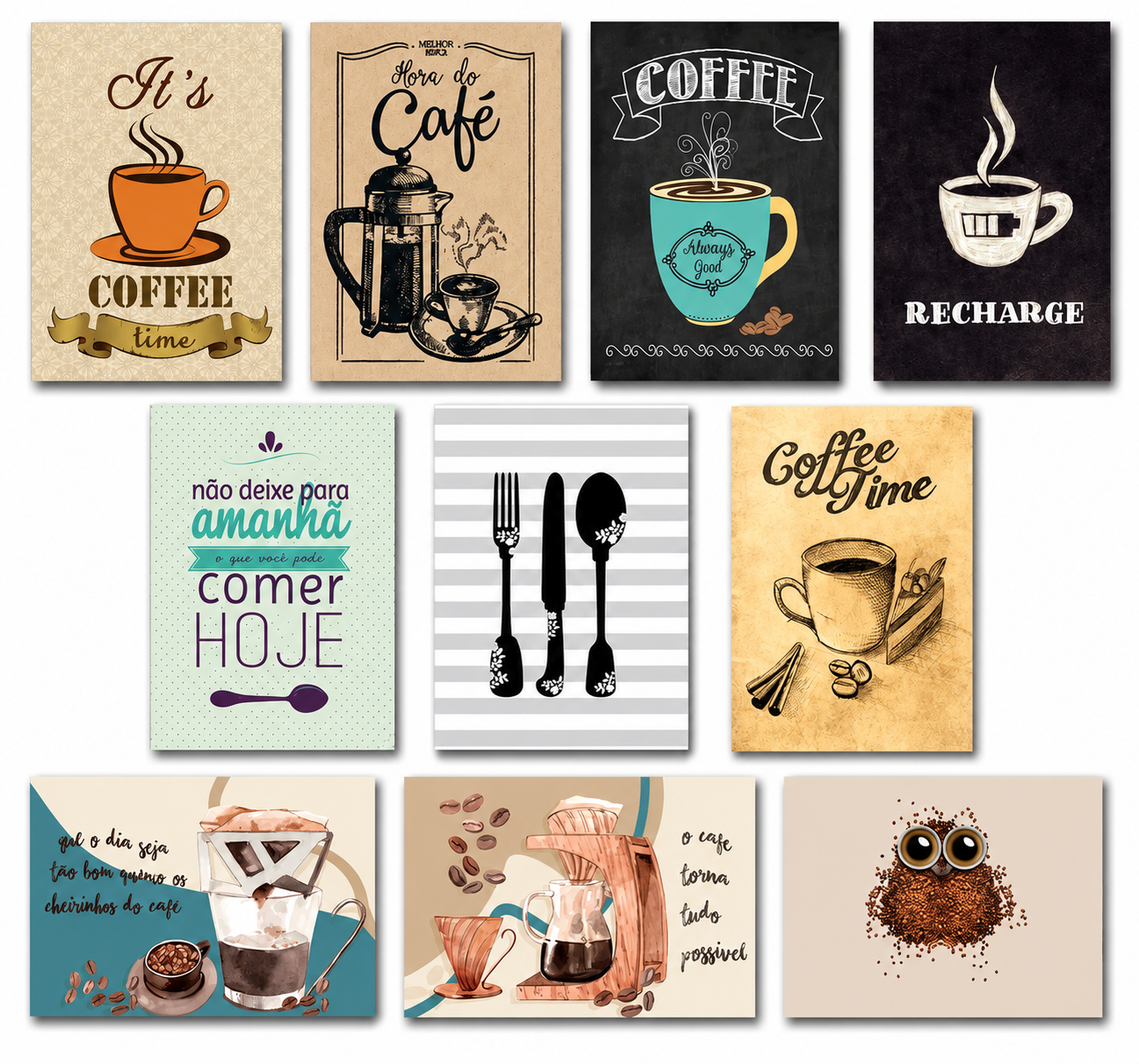 Kit Com 10 Quadros Decoração Placa MDF 3mm Cozinha Copa Café