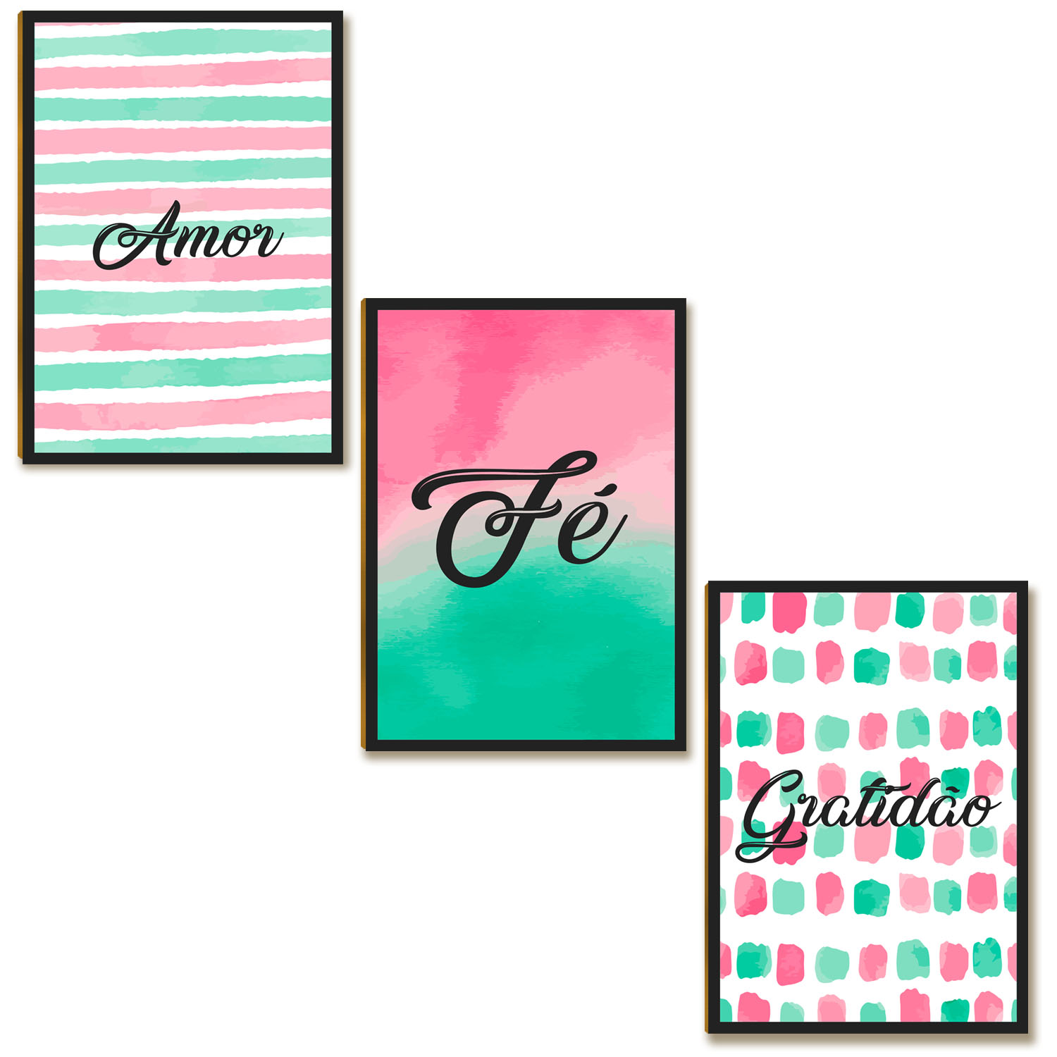 Kit 03 Placas MDF Amor Fé Gratidão Quadro Decor Tam A4 AR4