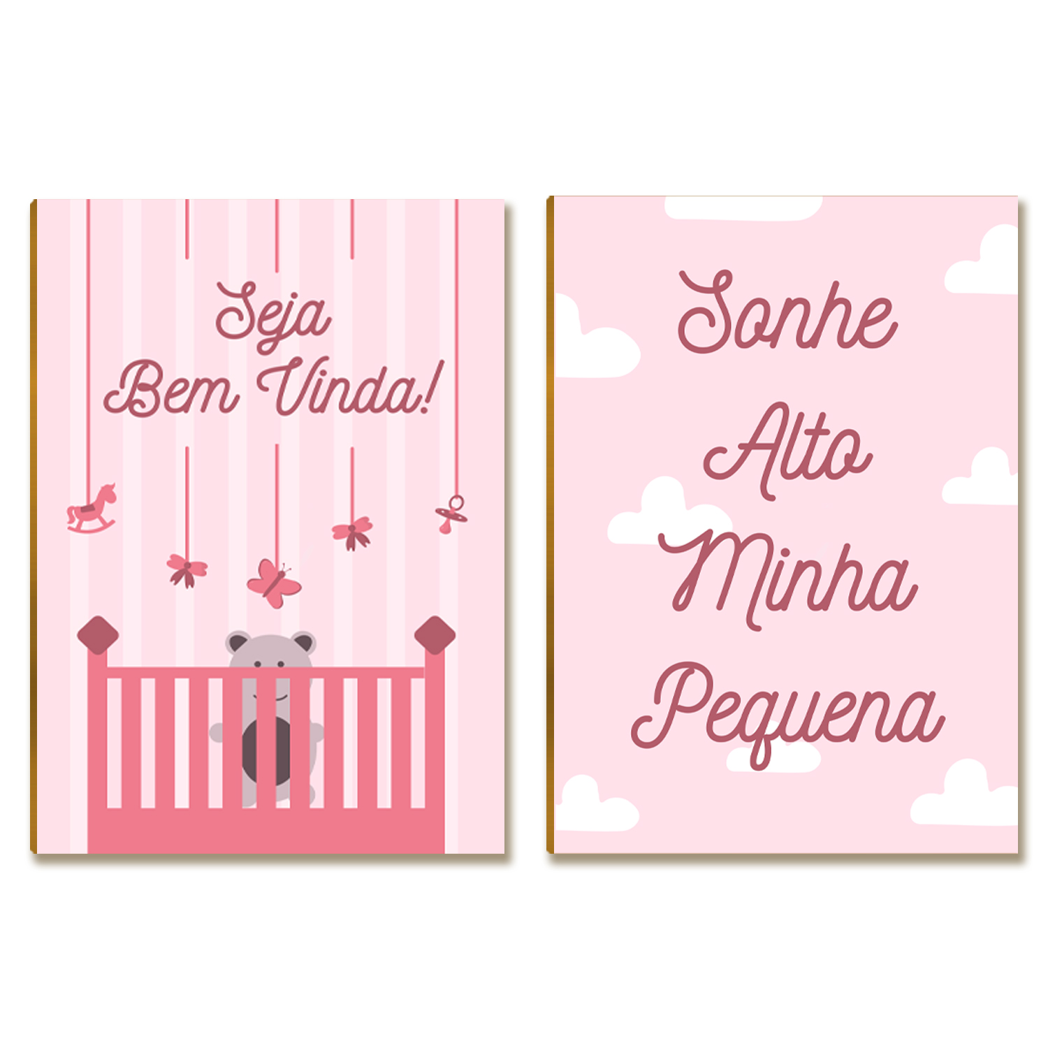 Kit 2 Placas MDF Infantil Bem-Vinda Rosa Quarto Menina A4