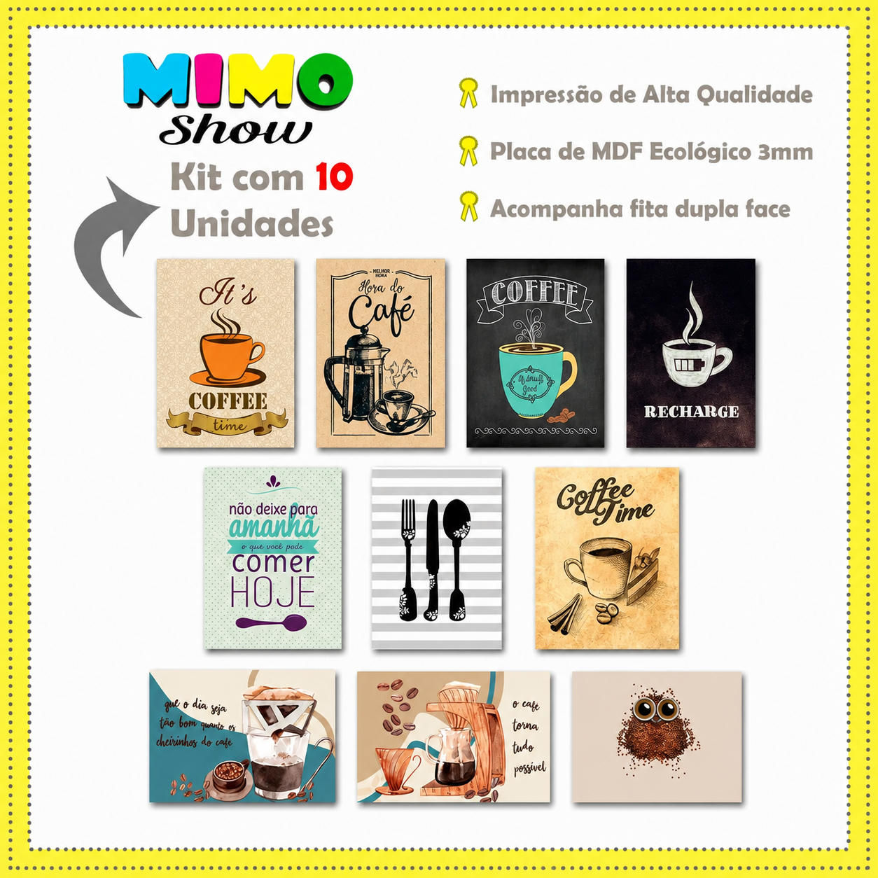 Kit Com 10 Quadros Decoração Placa MDF 3mm Cozinha Copa Café Cor:CZ11