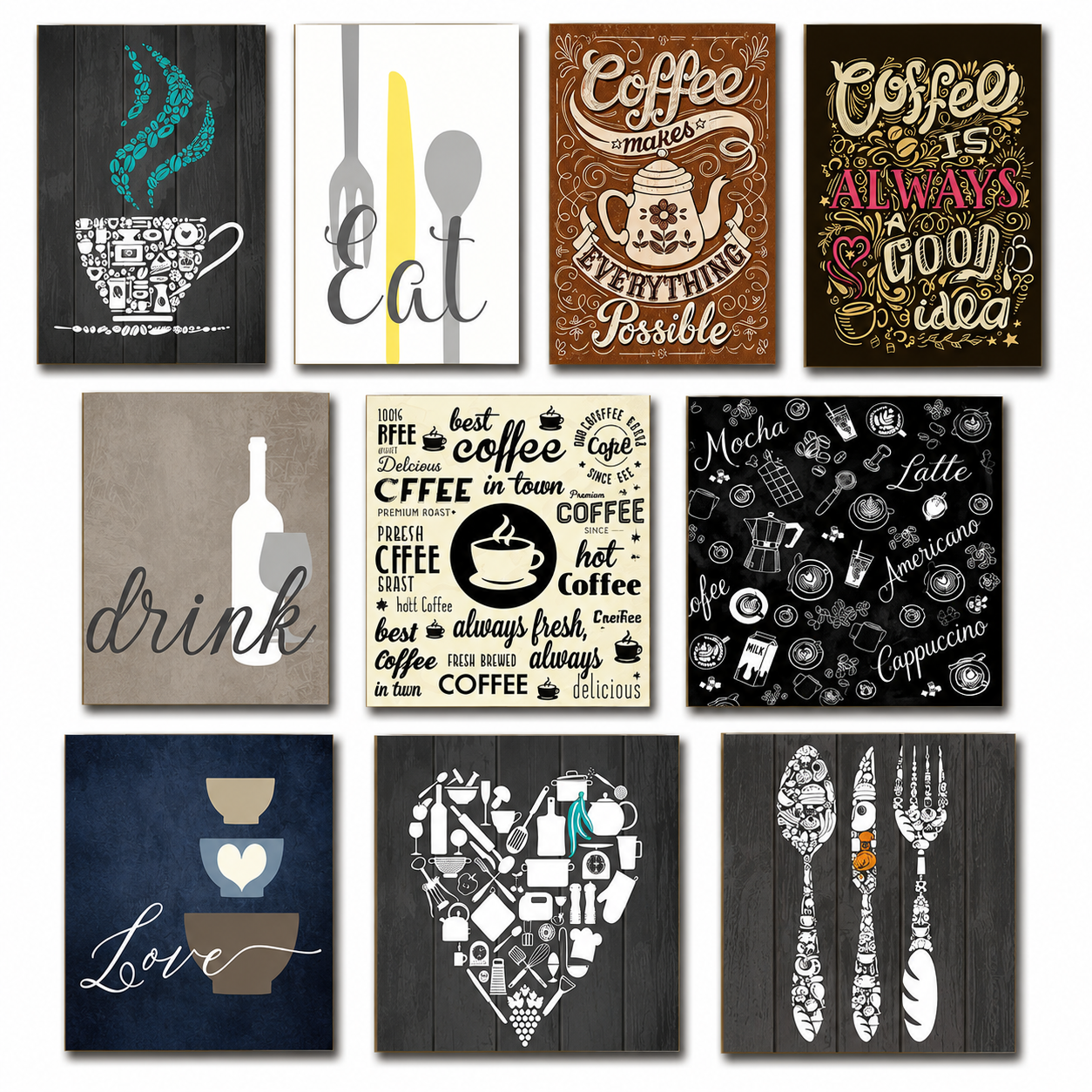 Kit Com 10 Quadros Placa MDF Decoração Área Gourmet Café