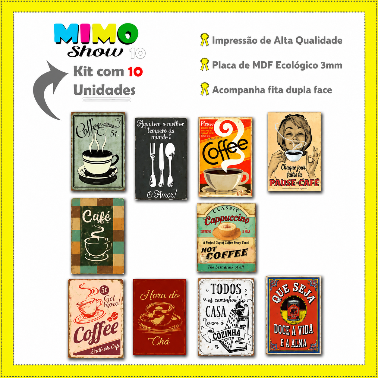 Kit Com 10 Quadros Decoração Parede Placa MDF Café Cozinha Cor:CZ14