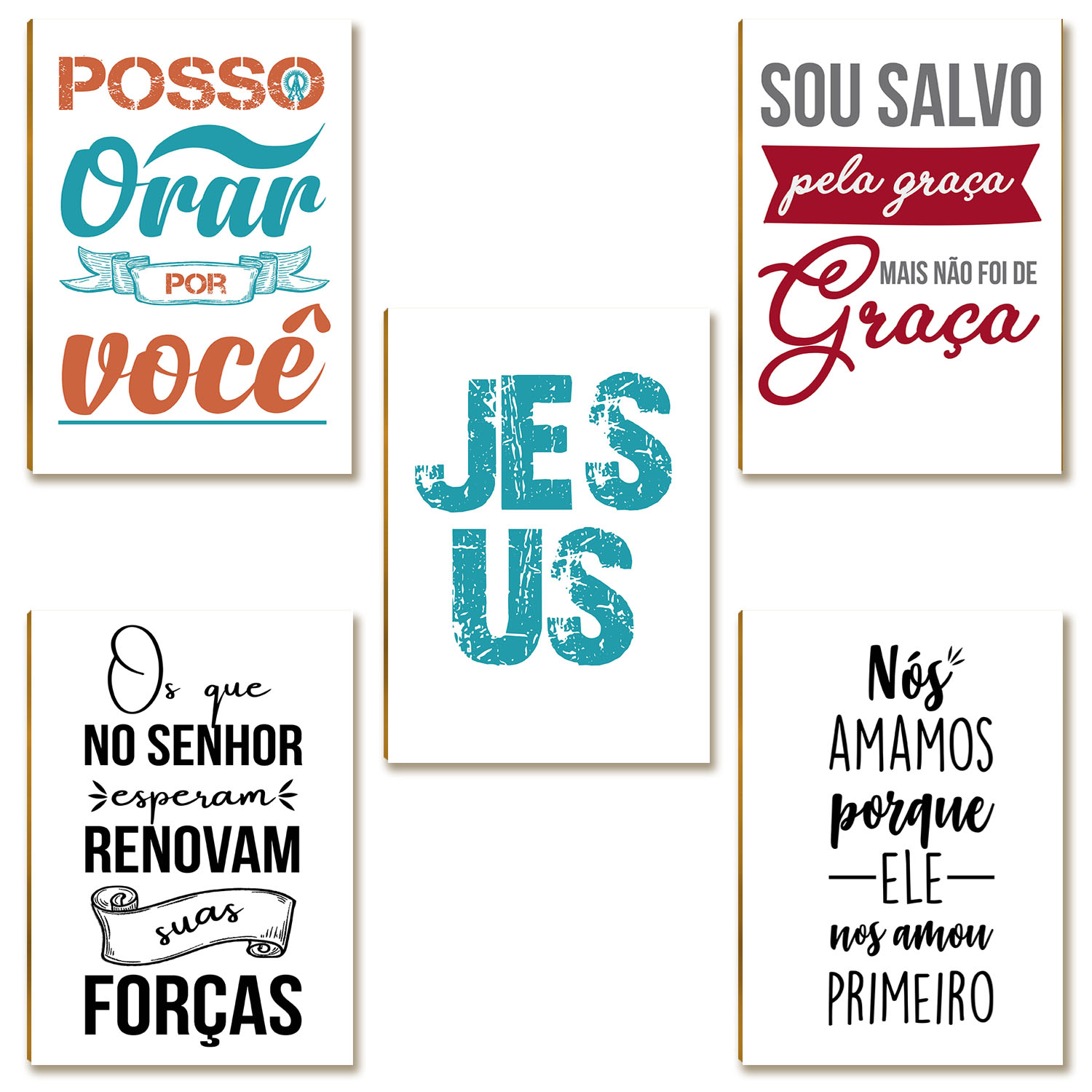 Kit com 5 Placas MDF Frases Cristãs Motivacionais A4 FE16