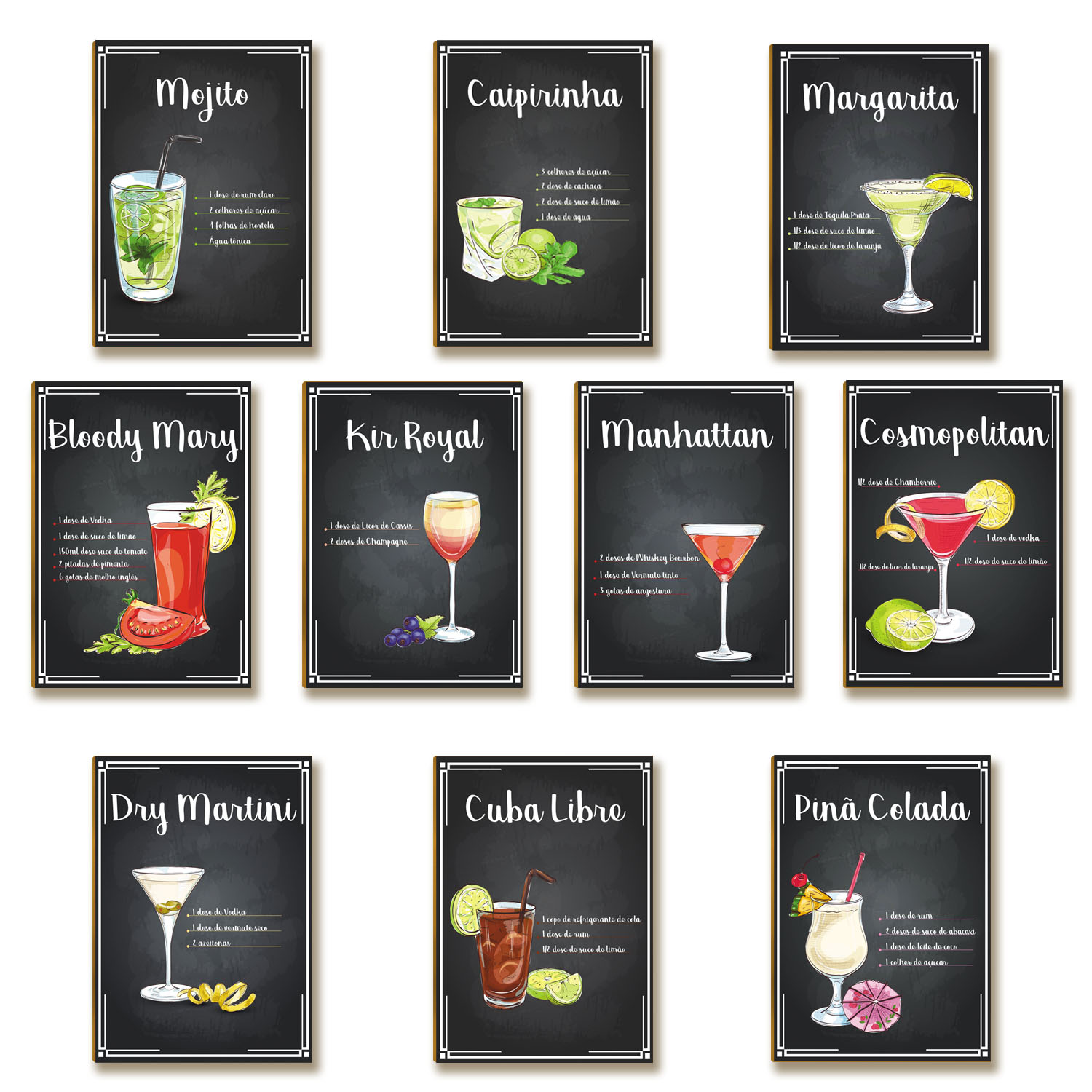 Kit 10 Placas MDF Decoração Drinks e Coquetéis  Tam A4 BE1