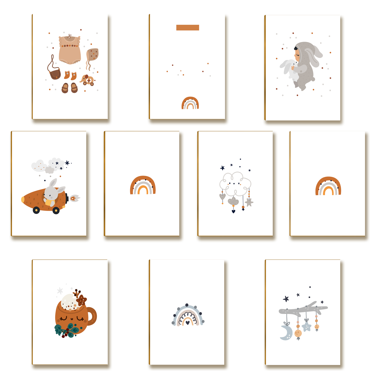 Kit 10 Placas MDF Infantil Arco-Íris e Coelho Minimalista A4