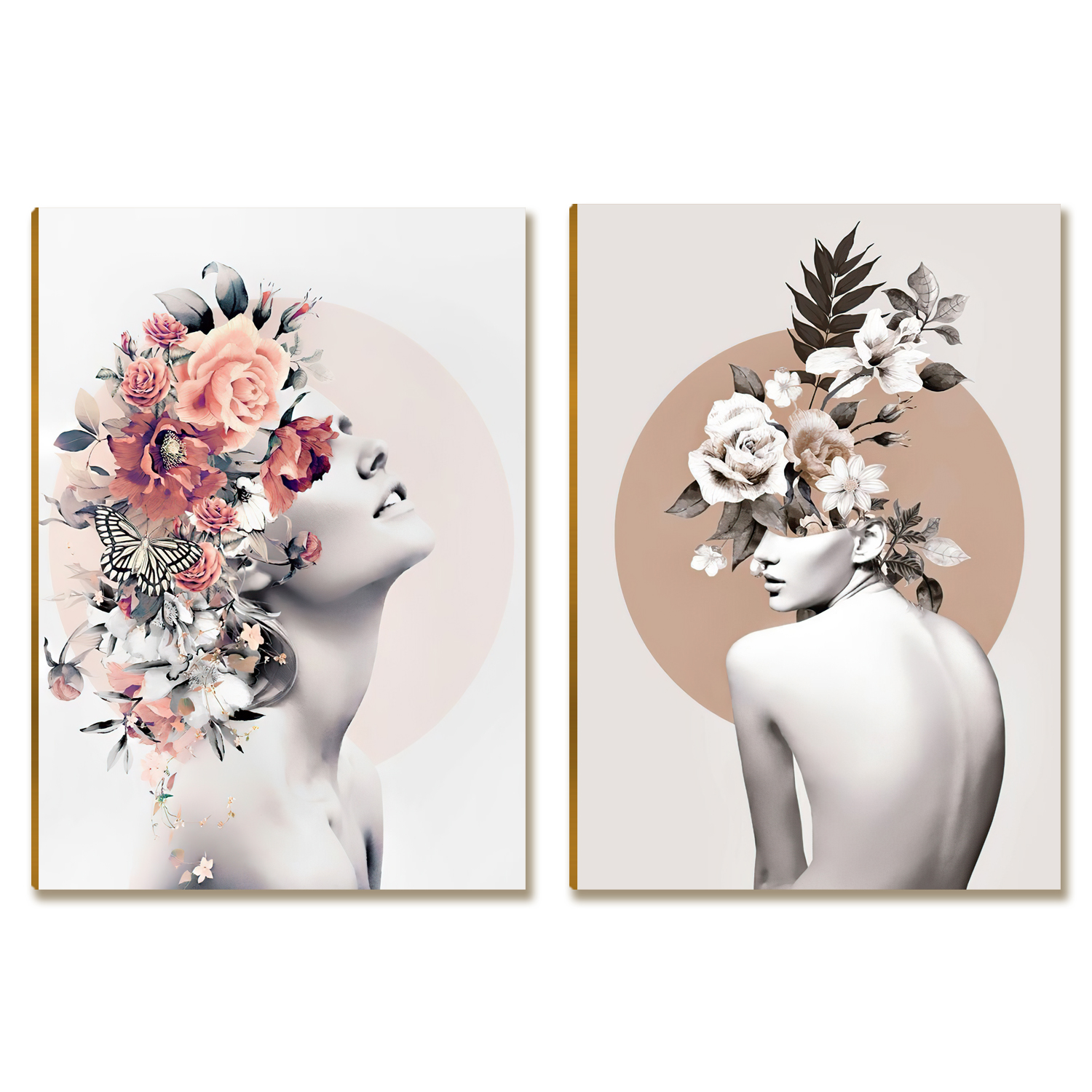 2 Placas MDF Mulher Floral Abstrata Decorativa Duas Unidades