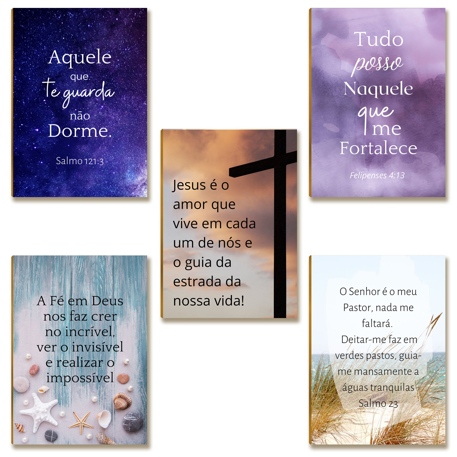 Kit 5 Placas MDF Frases Bíblicas Fé Esperança Amor A4 FE15