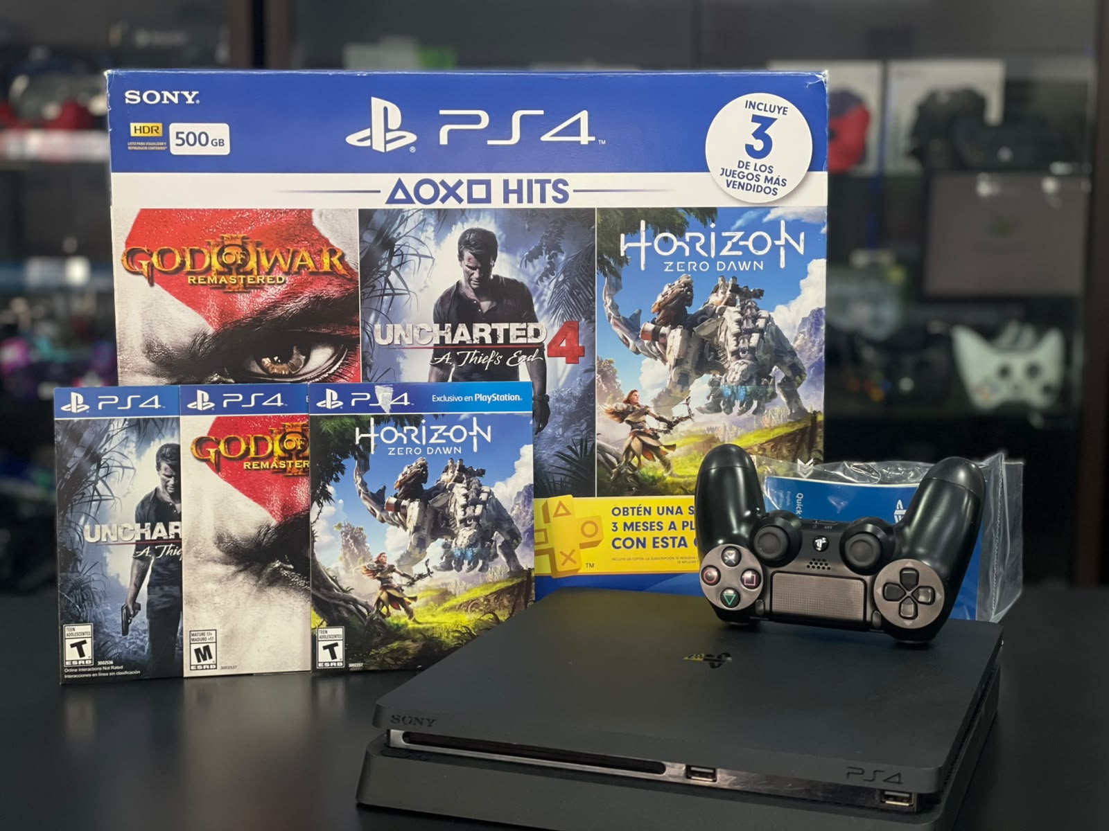 PLAYSTATION 4 SLIM 500GB +01 CONTROLE ORIGINAL +HORIZON+UNCHARTED 4+ GOD OF WAR III- serial batendo