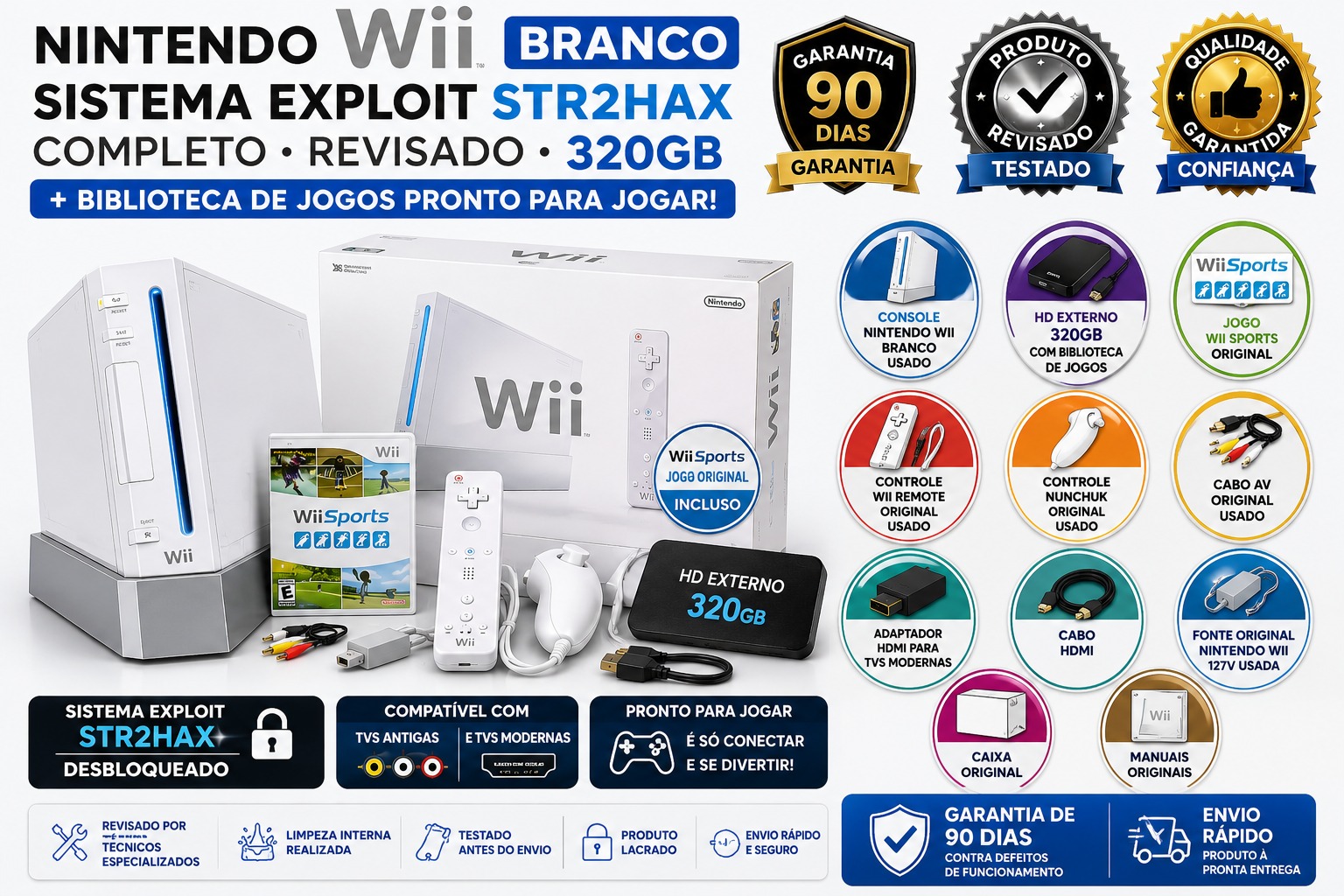 Nintendo Wii Branco Sistema Exploit Str2hax Completo Revisado 320GB +  Jogos Pronto para Jogar