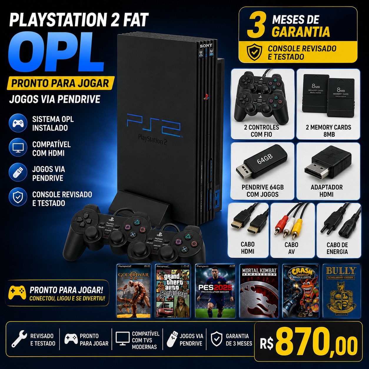 PlayStation 2 Fat O.P.L e DVD + 2 Controles + 02 Memory Card + 3 Jogos brinde + HDMI Pronto para jogar