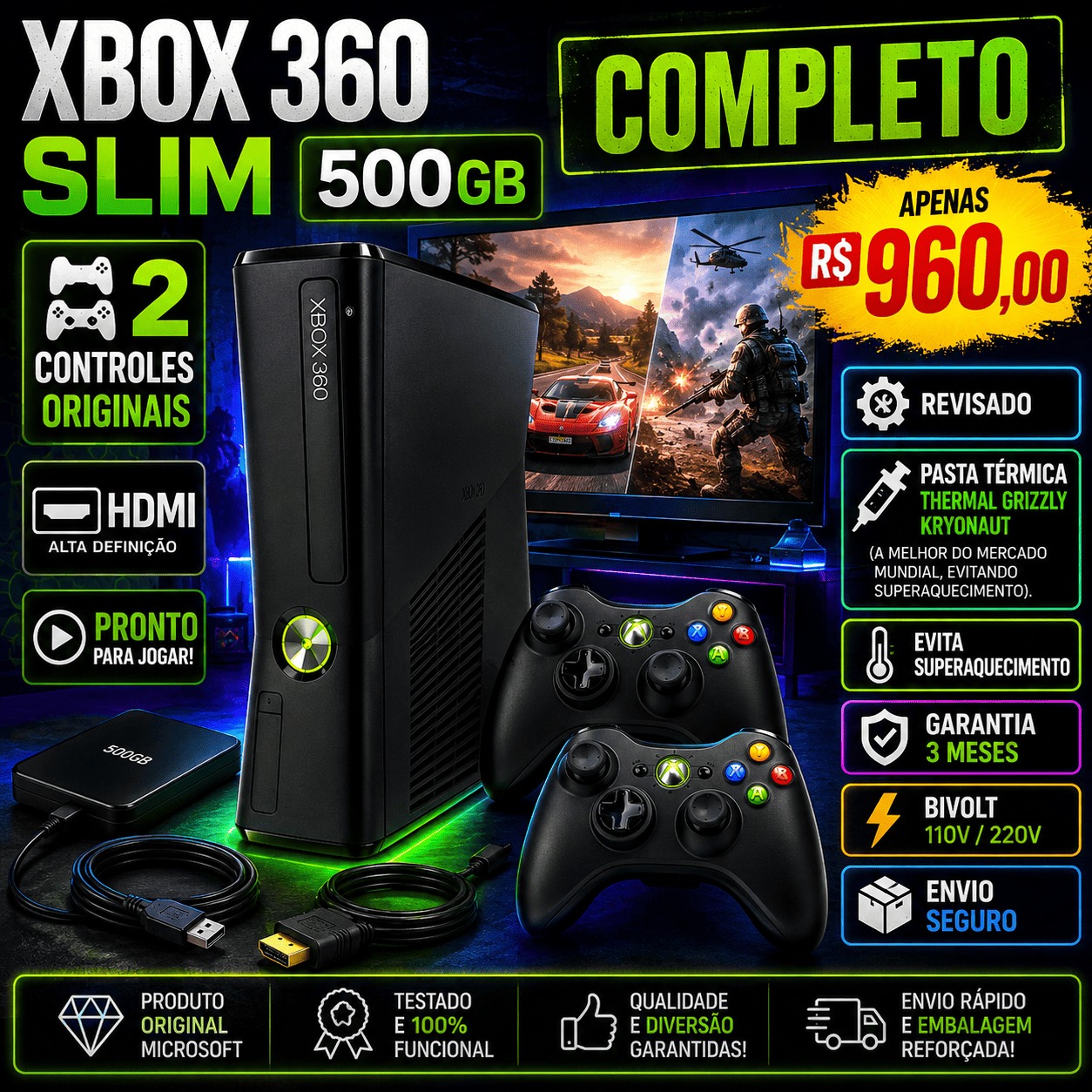Xbox 360 Slim 500GB Aurora Completo 02 controles originais s/fio + Jogos