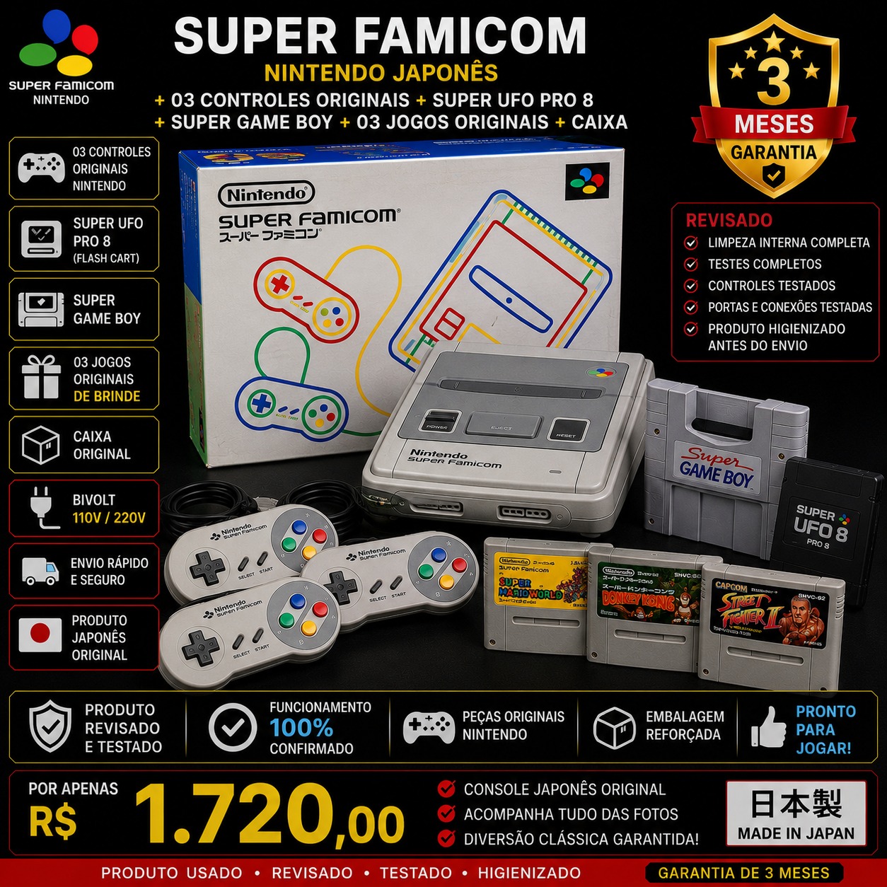Super Famicom Nintendo Japonês + 03 Controles  + Super UFO Pro 8 + Super Game Boy + 03 Jogos + Caixa