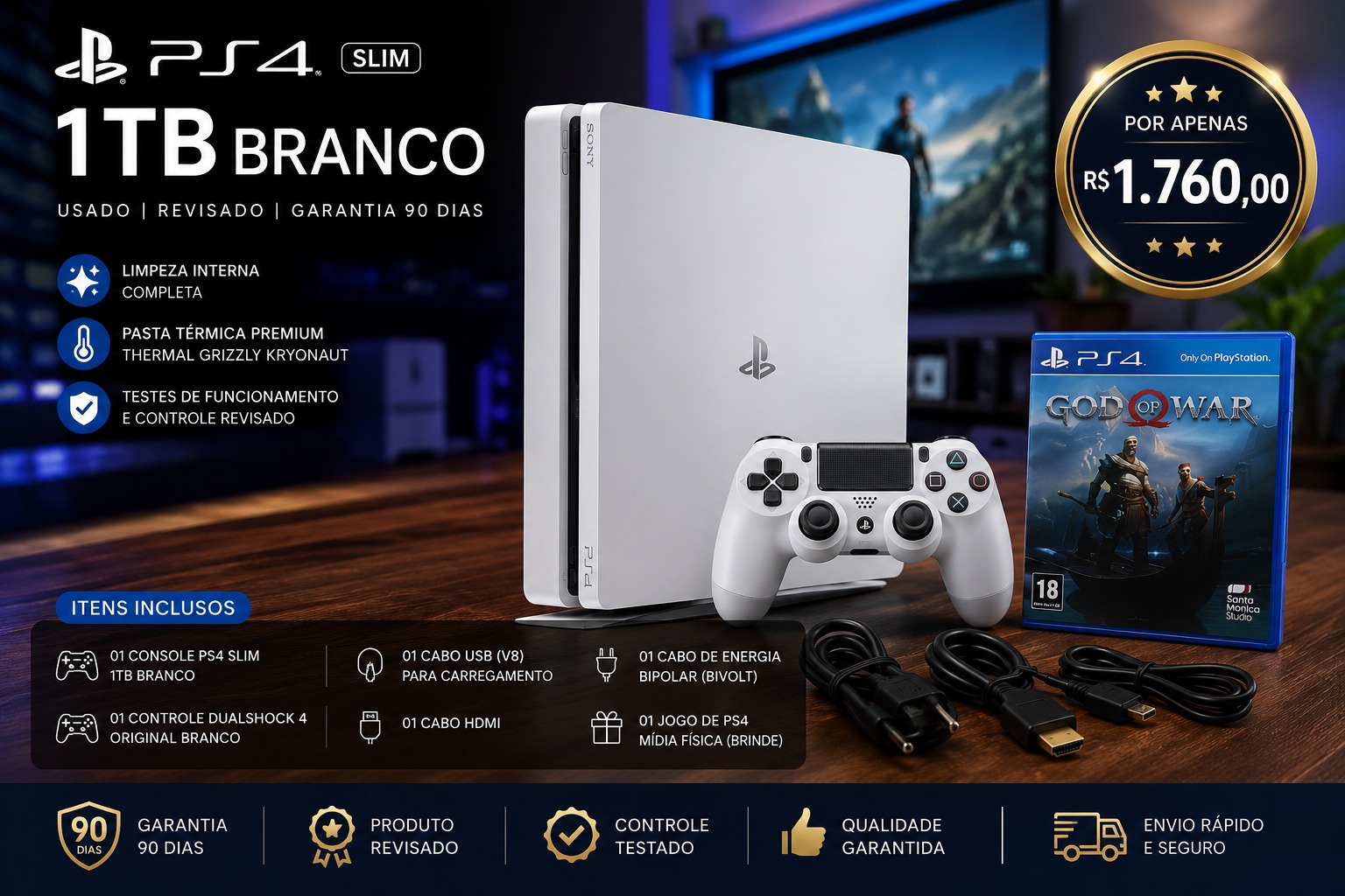 PlayStation 4 Slim Branco 1TB + Controle Original Branco + Jogo Brinde - Usado Revisado