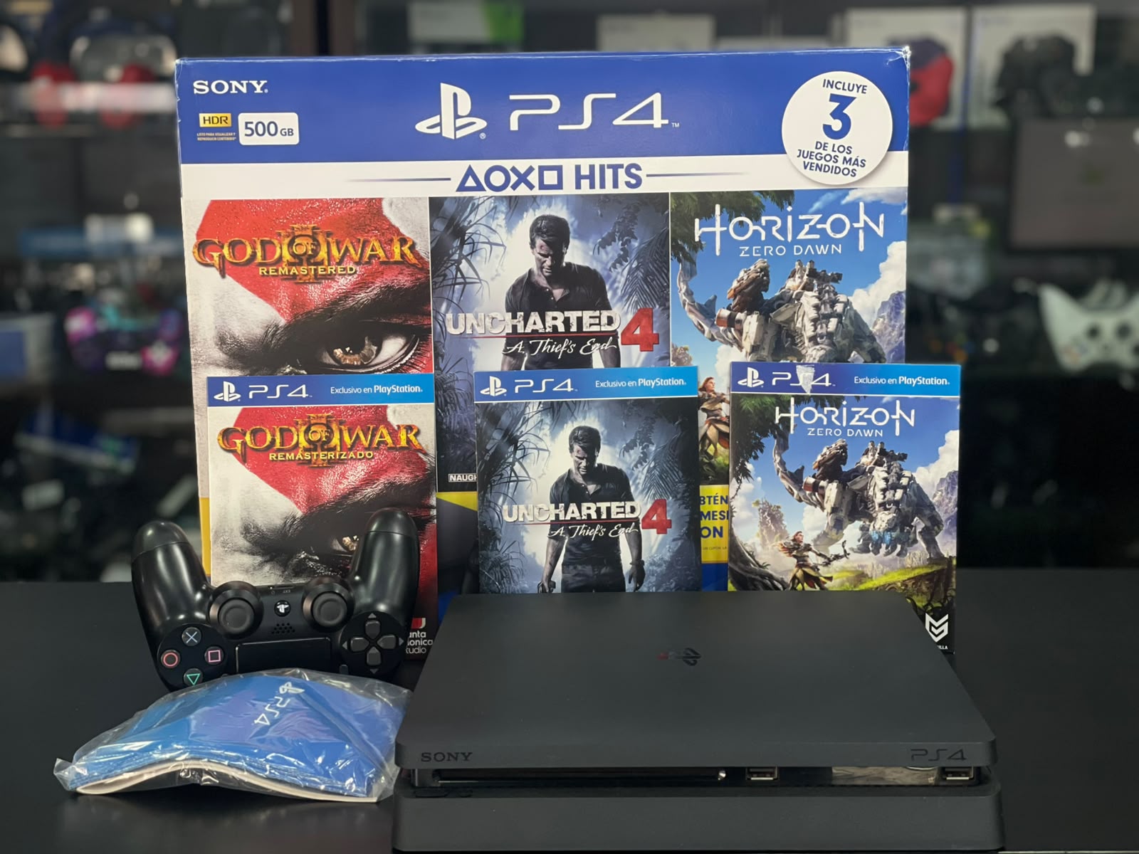 PLAYSTATION 4 SLIM 500GB +01 CONTROLE ORIGINAL +HORIZON+UNCHARTED 4+ GOD OF WAR III- serial batendo