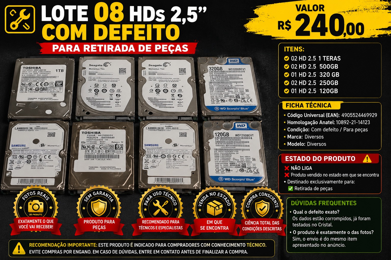 LOTE COM 08 HDs 2,5 COM DEFEITO / RETIRADA DE PEÇAS