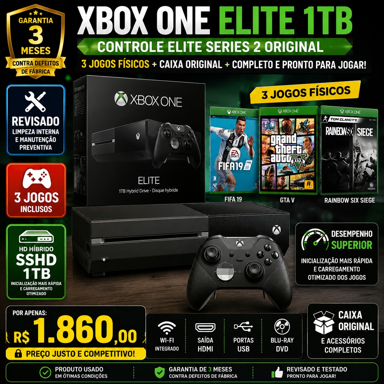 Xbox One Elite 1TB + Controle Elite Series 2 Original Sem Fio + 3 Jogos Físicos + Caixa Original