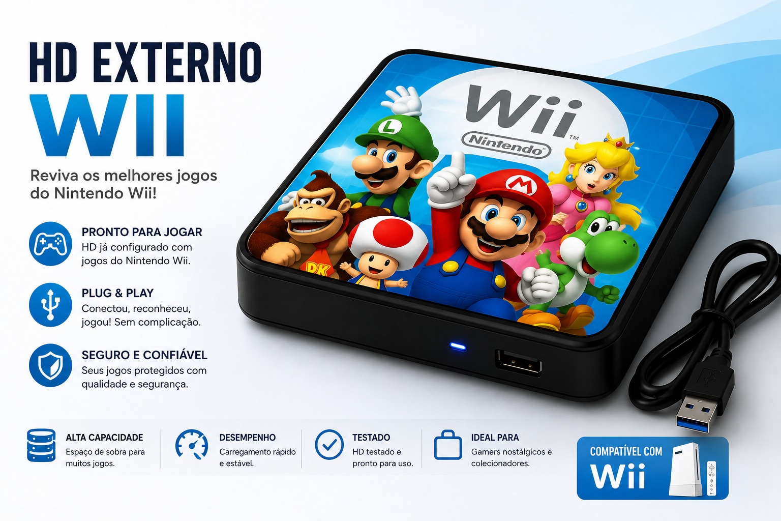 Nintendo Wii Branco Sistema Str2hax + HD Externo 120GB com Jogos + HDMI - Item Usado